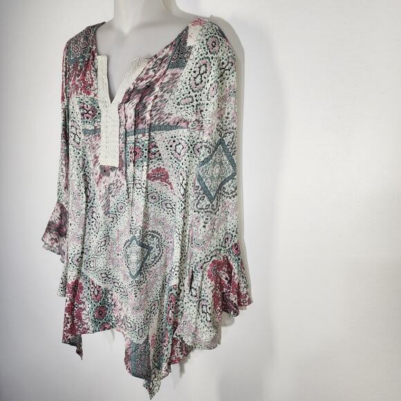 Haute Hippie Tribe Womens Top Medium Asymmetrical Bohemian Patchwork Bell Sleeve - Picture 4 of 11